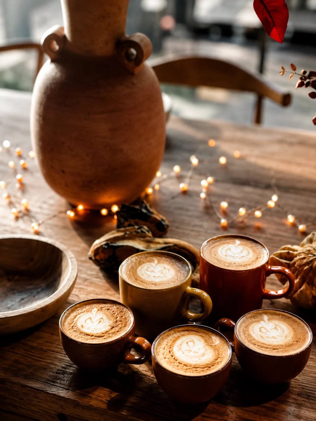 Coffee cups and pastries on a table at Outset Coffee